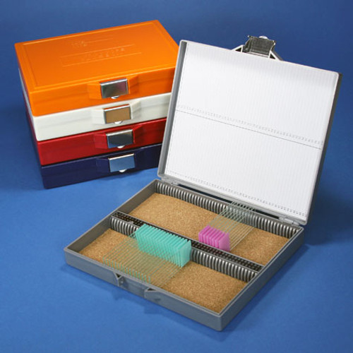 [GEN-GS-513080*] microscope slide storage box cork lined holds 100 slides stainless steel lock each